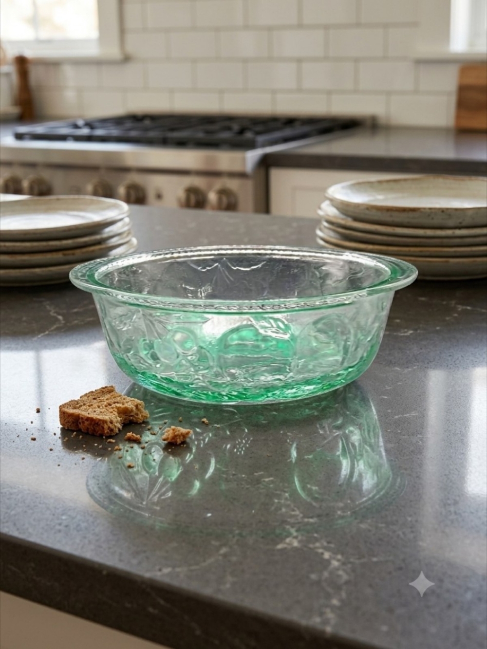 Vintage Jeannette Glass "Fruit Clear" Green Glass Embossed Oven-Proof Bowl